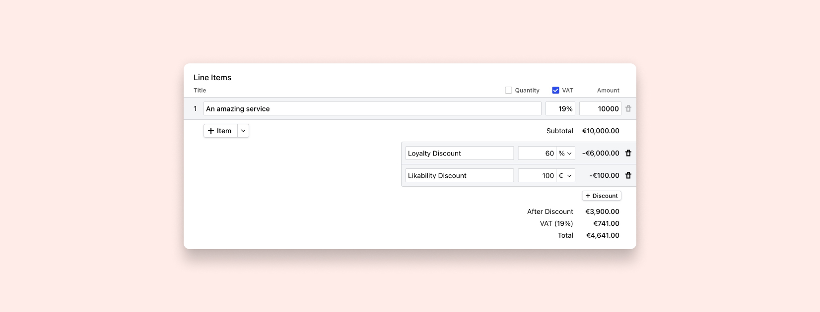 Creating an invoice with percentage and fixed discounts in Cakedesk.