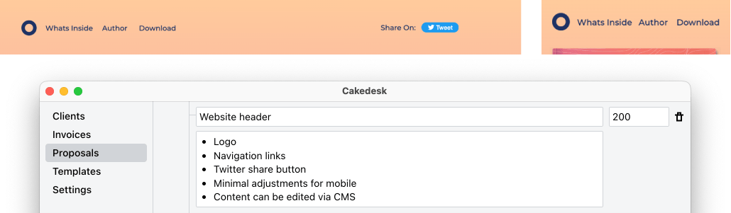 Screenshot of website landing page header and a proposal in Cakedesk