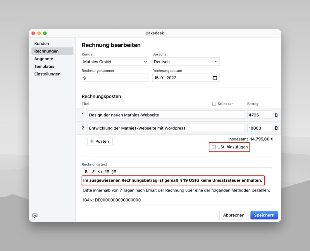 Screenshot von Cakedesk, das hier als Rechnungsprogramm für Kleinunternehmer verwendet wird.