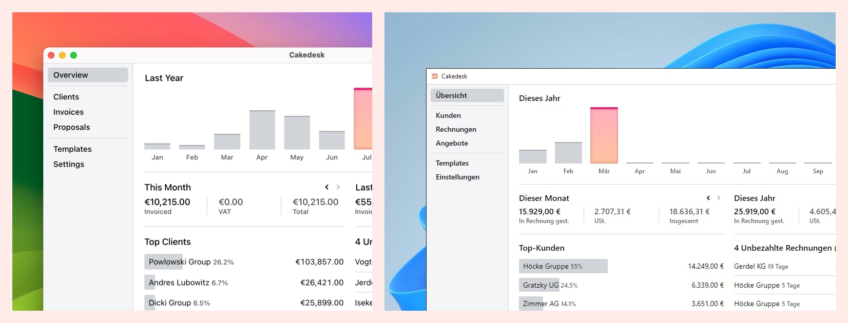 Screenshot von Cakedesk, einem Rechnungsprogramm für Windows & Mac