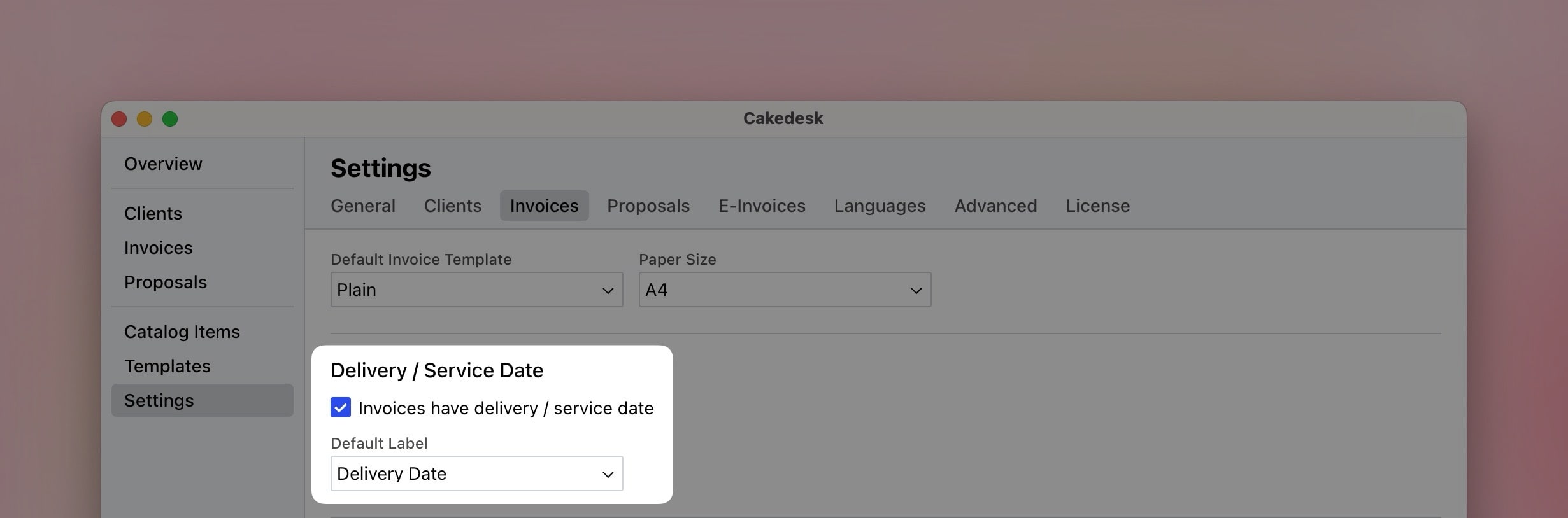 Set delivery/service date for invoices in Cakedesk