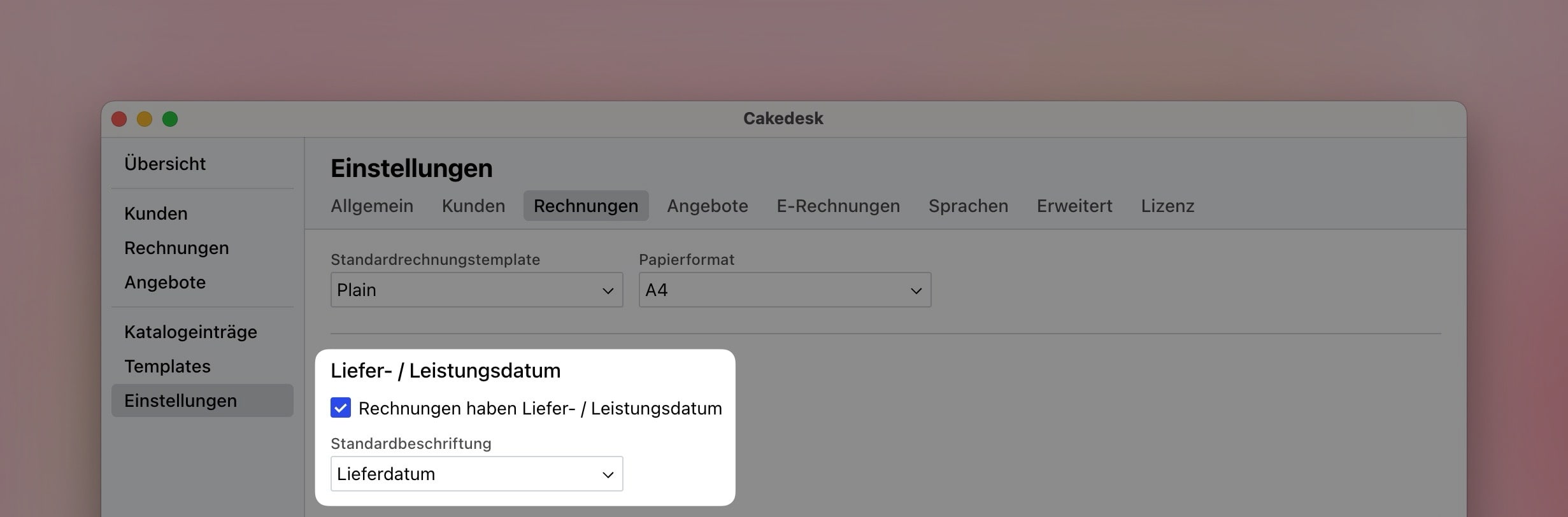 Liefer-/Leistungsdatum für Rechnungen bei Cakedesk einstellen