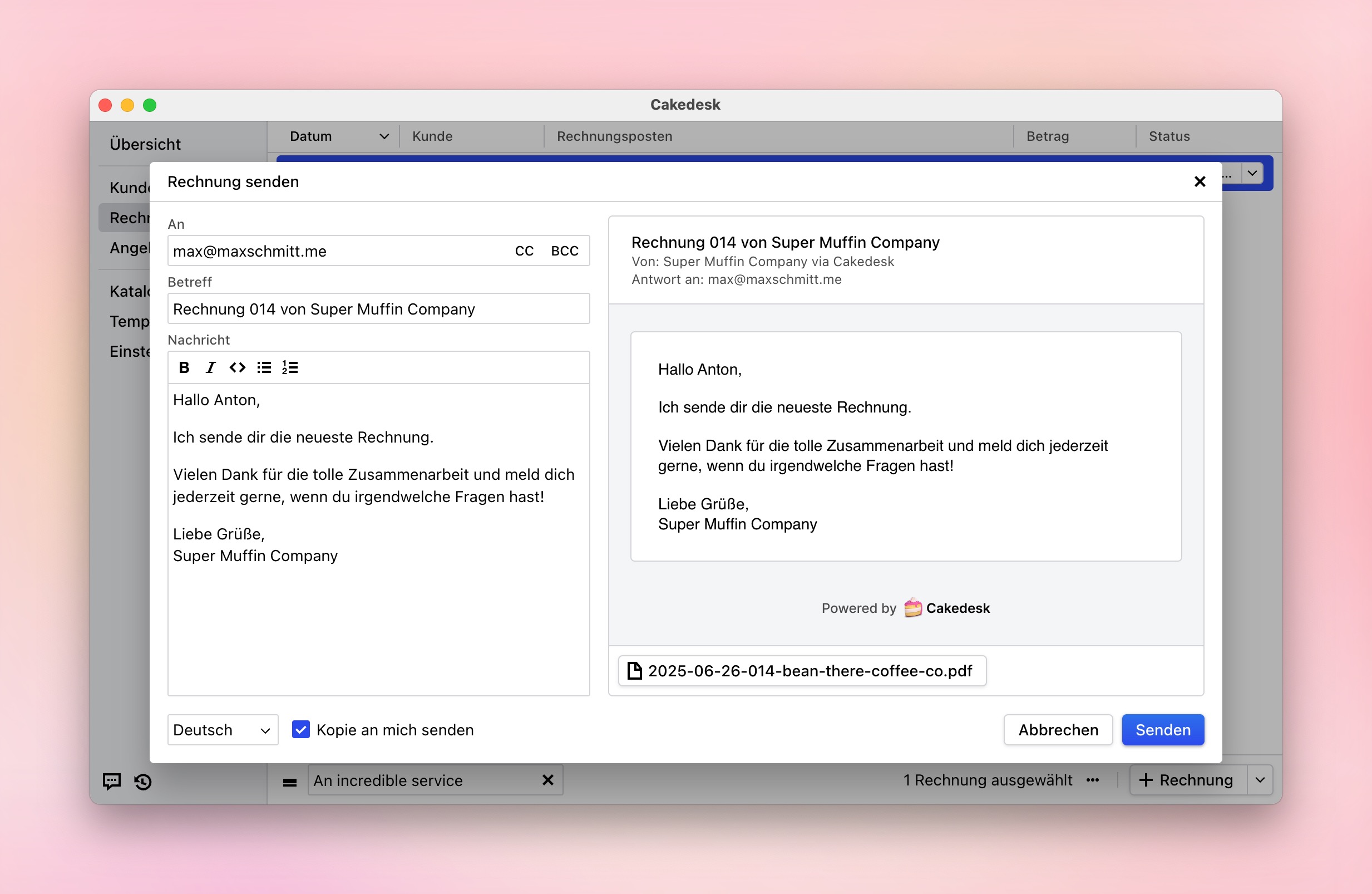 Dialog zum Senden einer Rechnung per E-Mail in Cakedesk