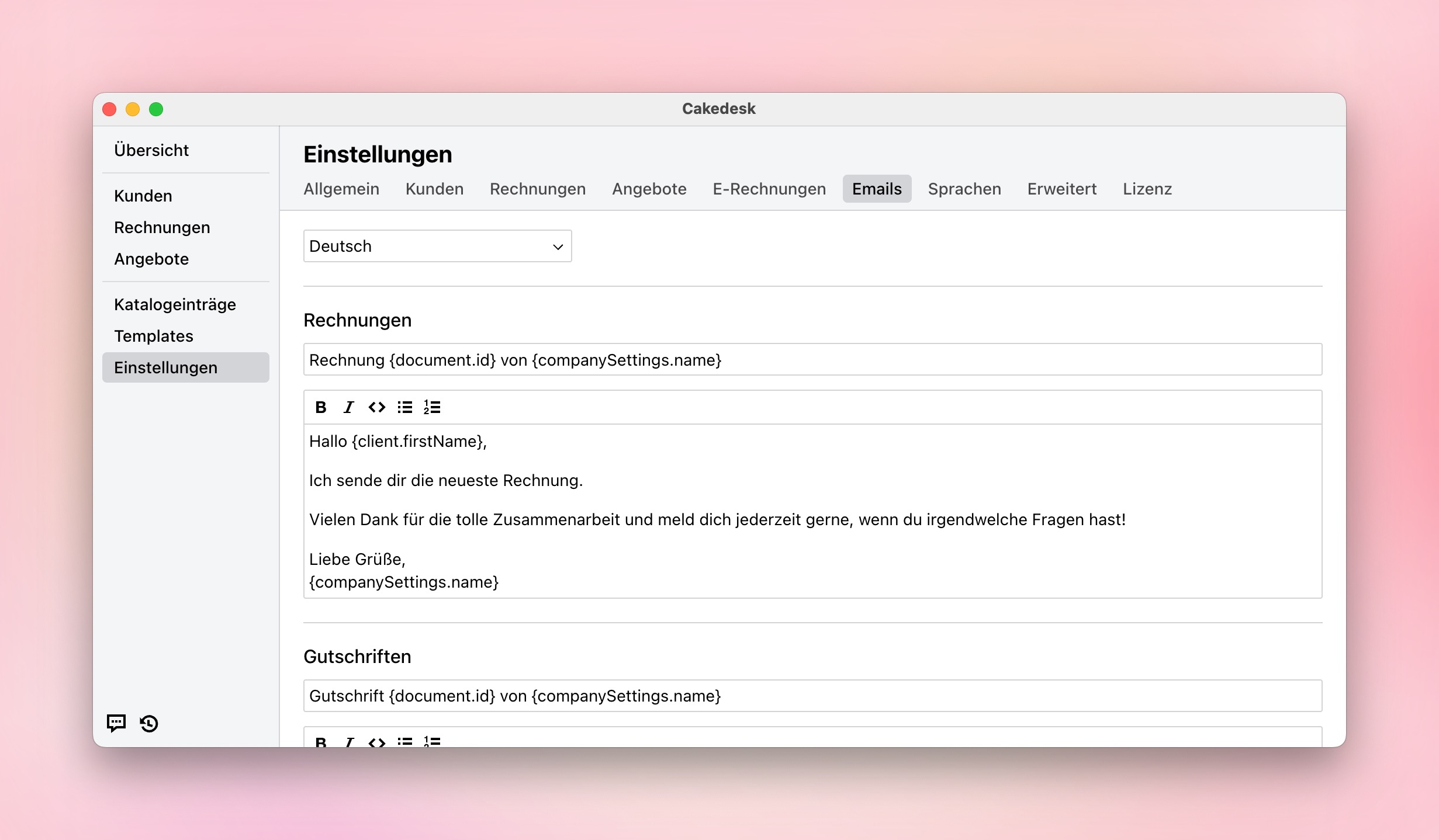E-Mail-Vorlagen für das Senden von Rechnungen und mehr in Cakedesk anpassen