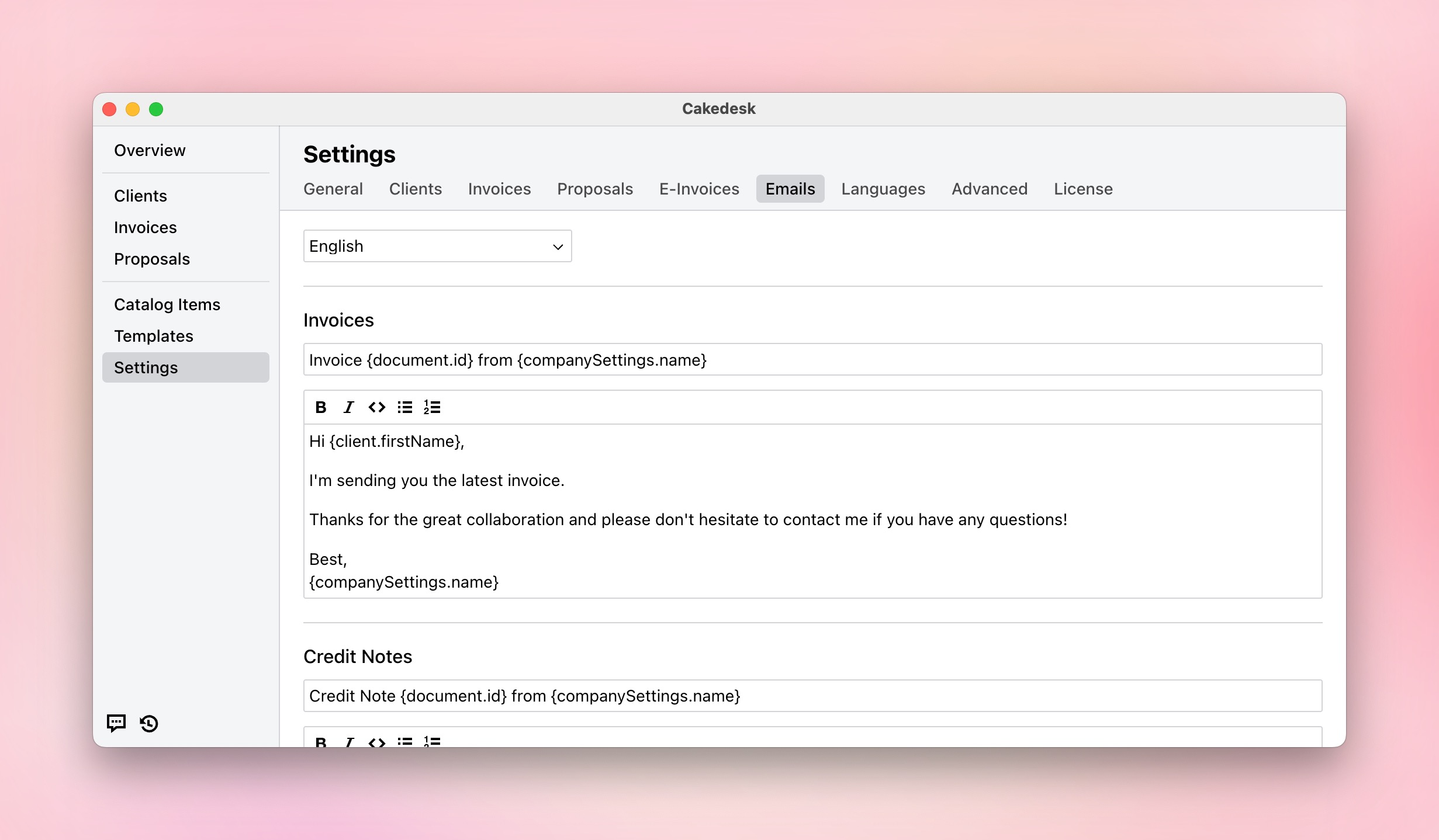 Adjust email templates for sending invoices and more in Cakedesk