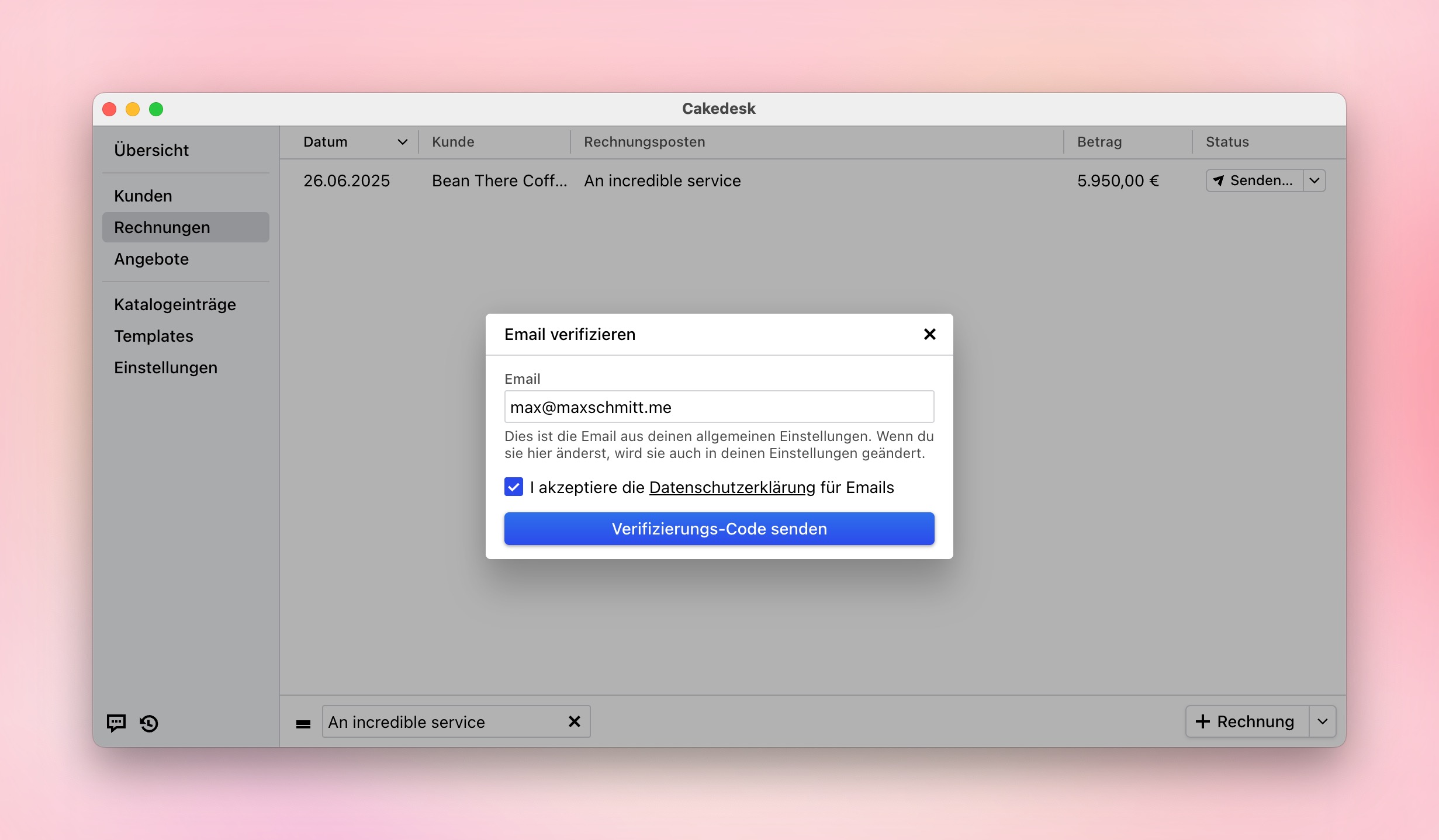 Dialog zur Verifizierung deiner E-Mail mit Cakedesk