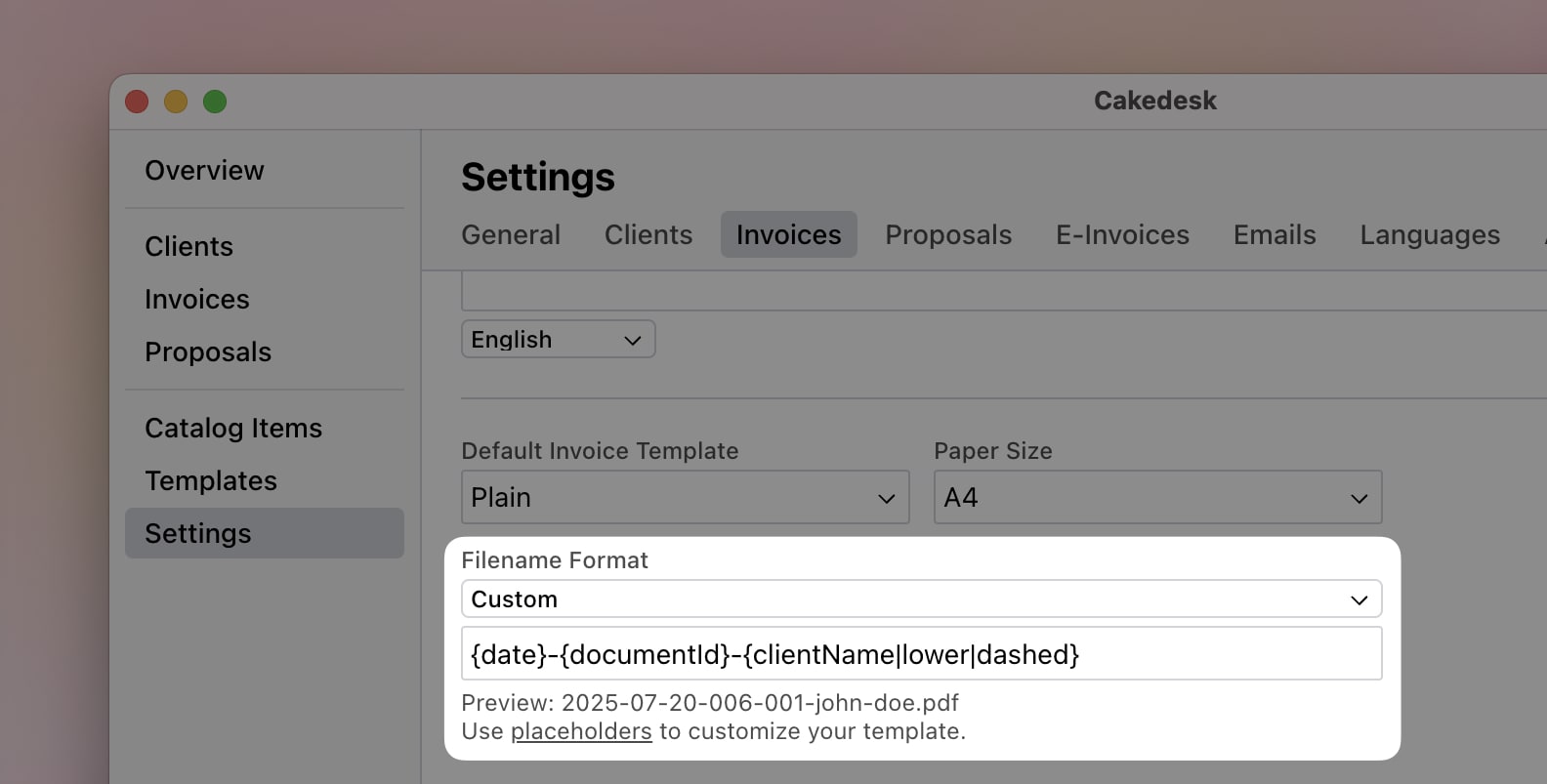 Cakedesk invoice settings show a custom filename format.