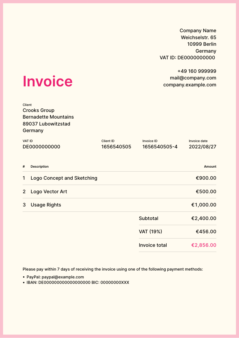 Invoice template, titled "$title"