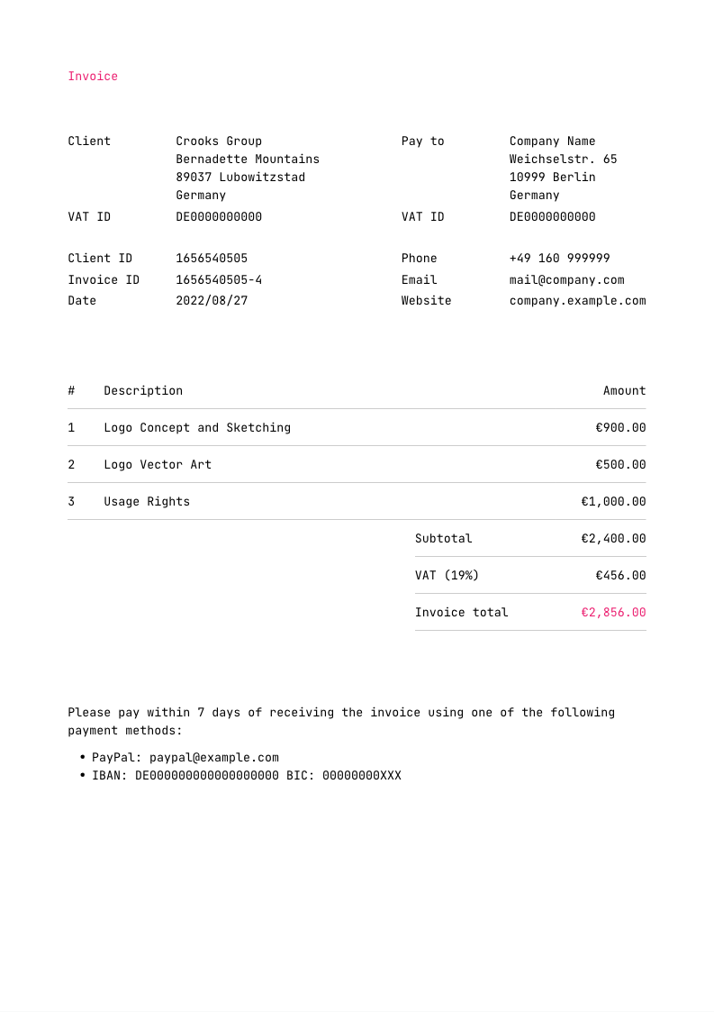 Invoice template, titled "$title"